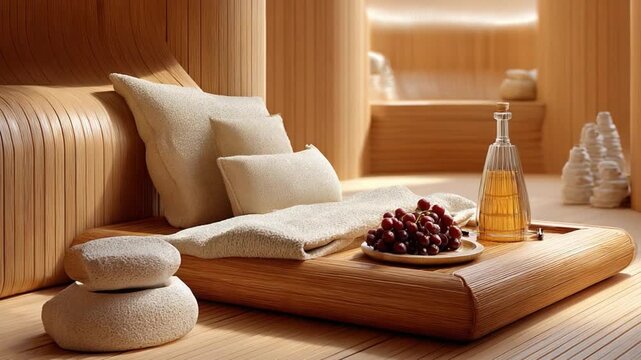 Serene Spa Sanctuary: An inviting spa scene featuring a comfortable chaise lounge adorned with soft pillows, a wooden table with refreshing drink and fruit, and a tranquil atmosphere.