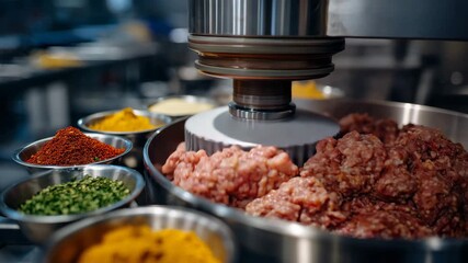 318Sausage meat spinning in large grinder, clean factory environment, bowls of spices arranged neatly, perfect for advertising premium sausage production