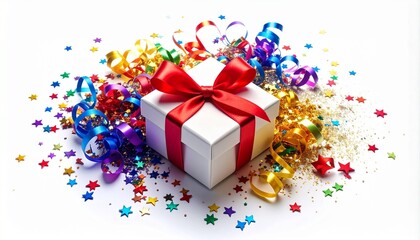 Obraz premium White Gift Box with Red Satin Ribbon Bow Surrounded by Colorful Stars and Confetti Explosion on White Background
