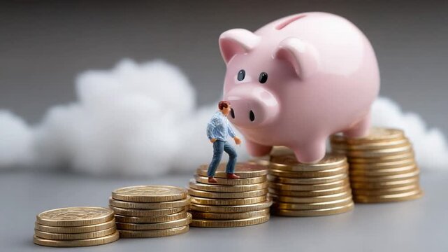 Piggy Bank Ascending Financial Heights: A whimsical scene shows a tiny figure climbing stacked coins toward an enormous piggy bank, symbolizing the journey towards financial goals, savings.