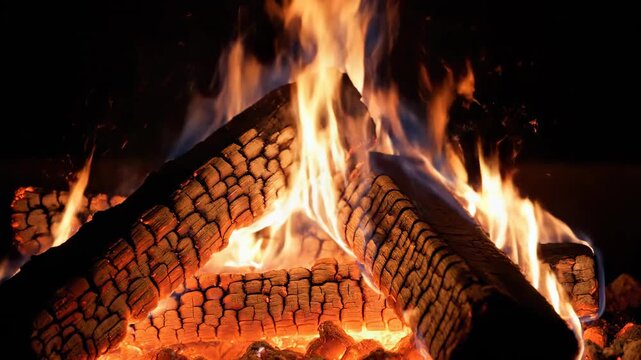 Isolated section of crackling logs intensely burning with vibrant orange and blue flames rising vertically against a deeply contrasted dark background detail, logs, effect