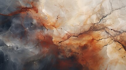 Fototapeta premium Abstract marble texture with stained orange and gray pigments and crack-like veins on a white