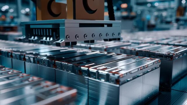 Close-up of electric vehicle battery cells production, orderly arrangement, sterile factory environment, smooth metallic textures, calm color palette, modern clean aesthetic, ev battery manufacturing