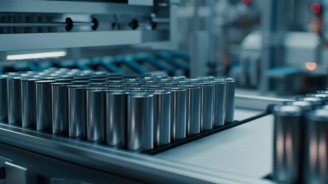 Close-up of electric vehicle battery cells production, orderly arrangement, sterile factory environment, smooth metallic textures, calm color palette, modern clean aesthetic, ev battery manufacturing