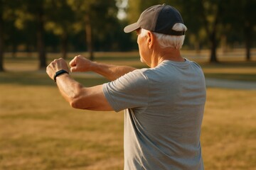 Homem idoso praticando atividade f&iacute;sica em ambiente aberto. 