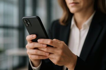 Pessoa mexendo no celular em ambiente corporativo empresarial