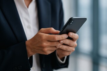 Pessoa mexendo no celular em ambiente corporativo empresarial