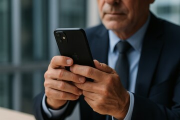 Pessoa mexendo no celular em ambiente corporativo empresarial