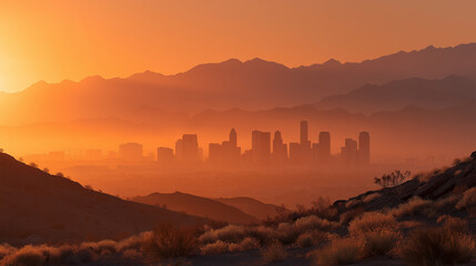 Naklejka premium City Skyline Silhouette at Sunset: An evocative image captures a distant city skyline in silhouette, bathed in the warm, hazy glow of a dramatic sunset.