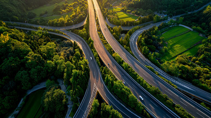 Highway Junction: An aerial view showcases a complex highway interchange seamlessly woven amidst the vibrant embrace of nature's greenery, illuminated by the radiant sunlight.