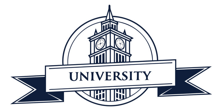 University Emblem with Clock Tower and Ribbon Banner Illustration