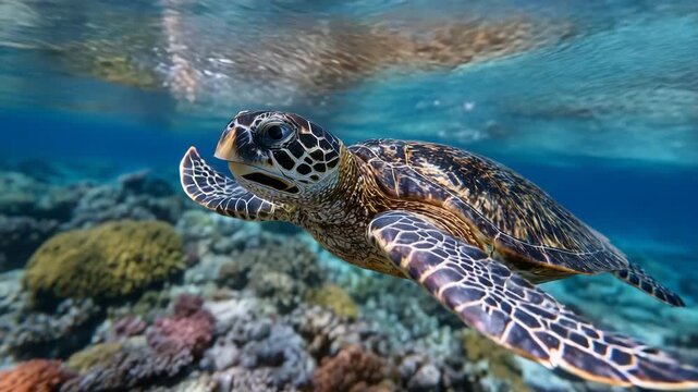 A dynamic moment capturing a reef turtle gliding peacefully above Menjangan&rsquo;s vibrant corals, sunlight rays breaking through the surface in brilliant patterns