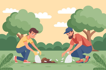 Community volunteers cleaning up park litter for a greener environment. Illustration.
