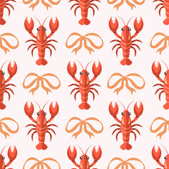 Seamless pattern with lobsters and bow. Summer repeating seafood pattern. Mediterranean background.