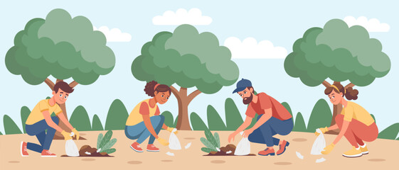 Volunteers collecting garbage in the park. Community volunteers cleaning up park litter for a greener environment. Illustration.