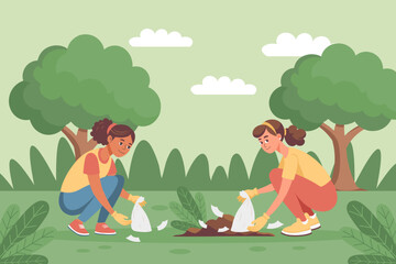 Volunteers collecting garbage in the park. Illustration.