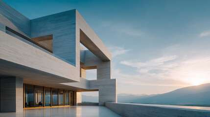 Fototapeta premium Architectural Marvel with Horizon Vista: The image showcases a modern building design, perfectly capturing the seamless blend of architecture and natural landscape. The clean lines and use of space.