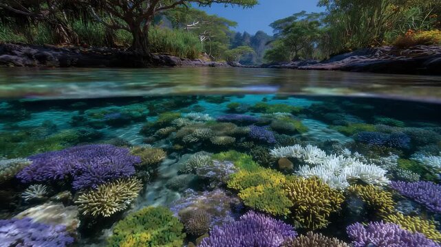 A mesmerizing underwater view of colorful coral shelves layered with marine life at Menjangan Island, highlighting the island&rsquo;s exceptional preservation and natural beauty