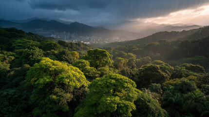 Lush Canopy of Greenery: An aerial shot of a vibrant, verdant forest, bathed in a beautiful, natural light, showcases the beauty of the canopy and the surrounding landscape. 
