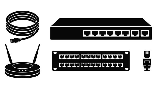 Networking equipment vector illustration including router switch and ethernet cable