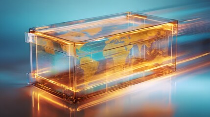 Futuristic transparent box with glowing orange lines and world map