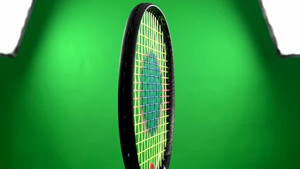 Isolated studio shot of a modern tennis racket with colorful strings spinning slowly against a solid chroma key green screen background template, design, fitness - Powered by Adobe