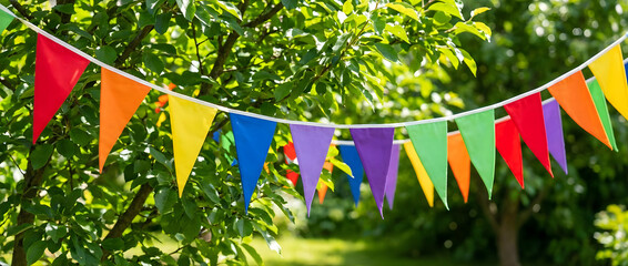 Colorful triangular bunting flags hanging in a green garden for outdoor summer festivals and community events