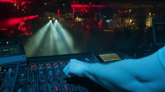 Medium shot of a concert DJ booth where electronic lights pulse rhythmically with the beats emphasizing the fusion of sound and visuals.
