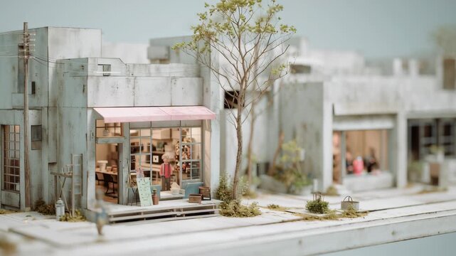 A small model of a town with a pink awning on a building. The scene is peaceful. Close-up abandoned retail strip reactivated conceptual miniature with new program small modules, city revitalization