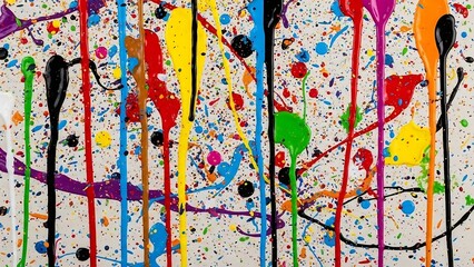 Vibrant Paint Splatters on White Canvas.