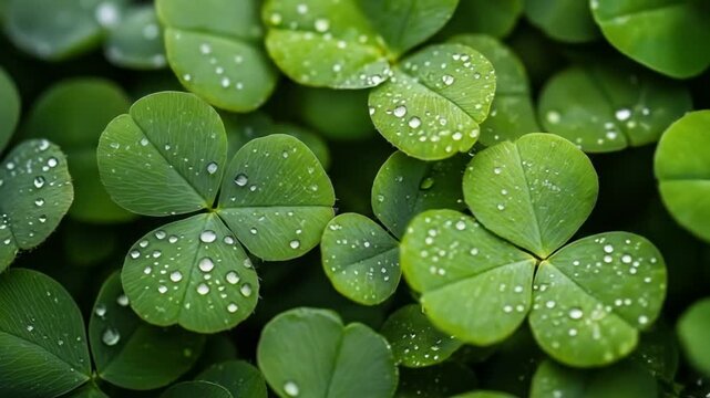 Close up of fresh green clover leaves with water droplets