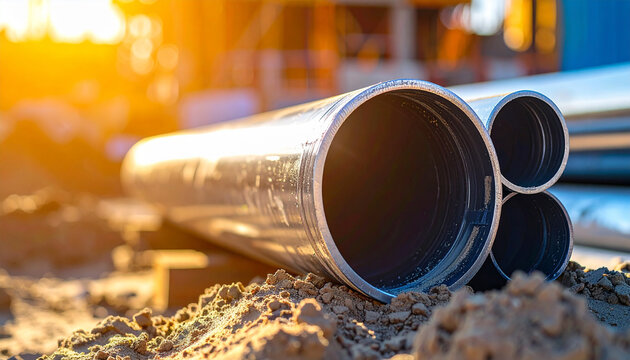 New silver metal pipes stacked on sand at construction site, industrial background slightly blurred