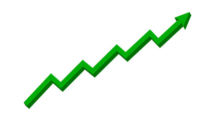 Green 3D upward zigzag line arrow graph moving up concept of stock market business growth, financial profit, business trend, company growth. Business grow up sign. Vector illustration.
