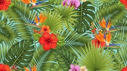 Vibrant Tropical Flowers and Lush Green Leaves Pattern.