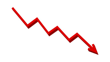 Red 3D falling down zigzag line arrow graph indicates financial loss concept, stock market fall, business loss, market crash, economic loss. Red graph arrow downward direction. Vector illustration.