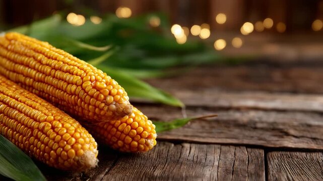 Close-up of golden corn cobs partially husked on a rustic wood background, warm morning light illuminating the kernels and emphasizing a farm-fresh harvest aesthetic