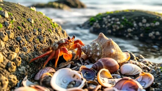 Close up of a crab and seashells on a rocky shore with ocean waves in the background.