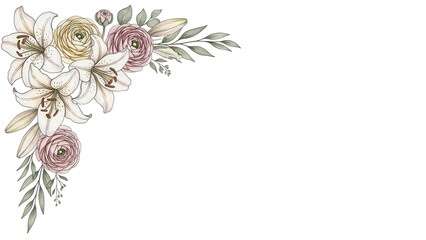 Luxury watercolor corner element featuring lilies and ranunculus in a neutral color palette isolated on white background.png