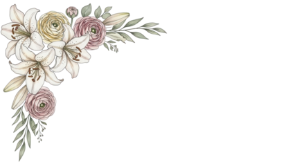 Luxury watercolor corner element featuring lilies and ranunculus in a neutral color palette isolated on white background.png