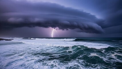 Naklejka premium Stormy Ocean Waves with Lightning Strike.