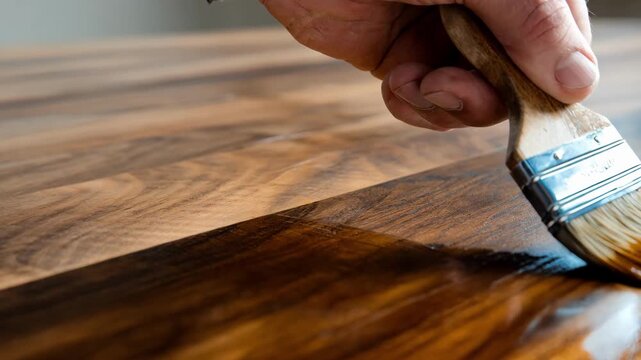 Closeup on walnut dining table surface as craftsmen apply rich stain evenly to restore natural wood beauty