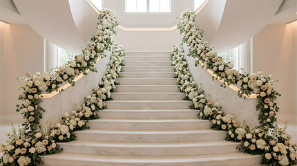 White marble staircase decorated with floral garlands for wedding ceremony background and luxury event interior design