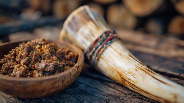 Close-up view of a traditional funnel and stuffing horn, natural casings stretched over the tip, with a bowl of spiced meat mixture nearby ready for filling