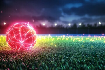 Colorful illuminated soccer ball on grassy field during evening lights