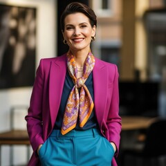 Smiling Businesswoman in Pink Blazer Outdoors.