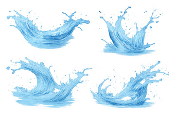 Water splash elements set creating dynamic liquid motion and wave forms on transparent background