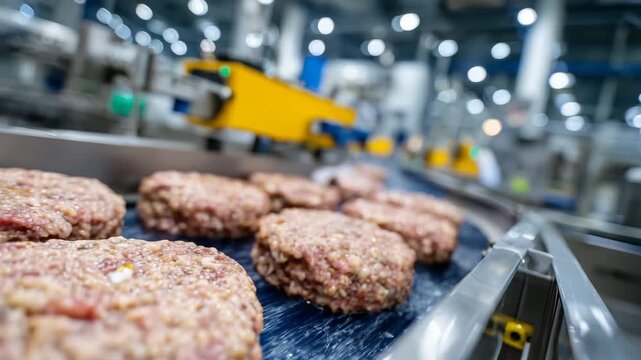 Close-up view of meat grinders depositing minced meat into casings, sausages moving in perfect rows along a conveyor, with sterile factory environment and overhead lights creating