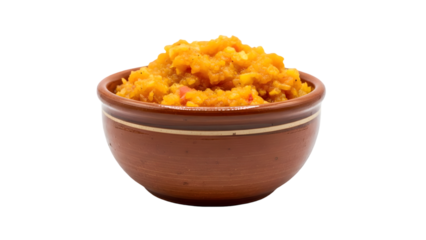 A clay pot filled with mashed sweet potatoes isolated on transparent background