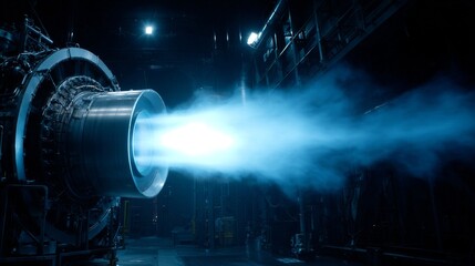 Intense blue jet of air powerfully escaping from industrial equipment, showcasing technological force and engineering prowess.