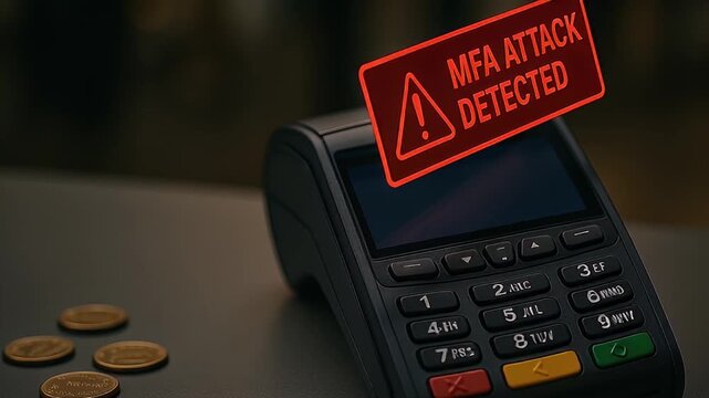 MFA attack warning on payment terminal with coins nearby highlights security threat and fraud risk in digital electronic transactions involving numeric keypad and colored buttons